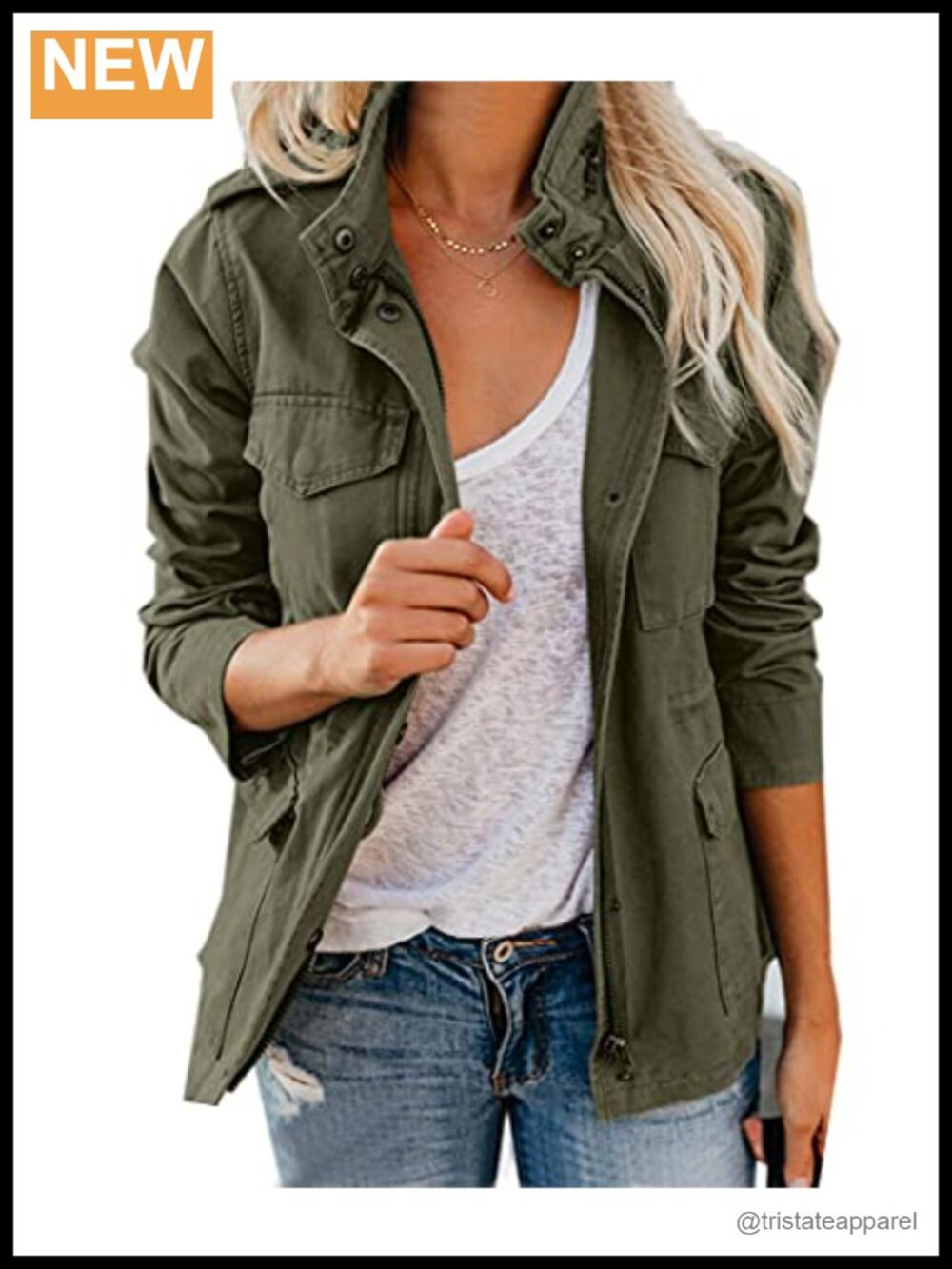 Women's Cotton Utility Safari Jacket Zip Up Military Stand Collar